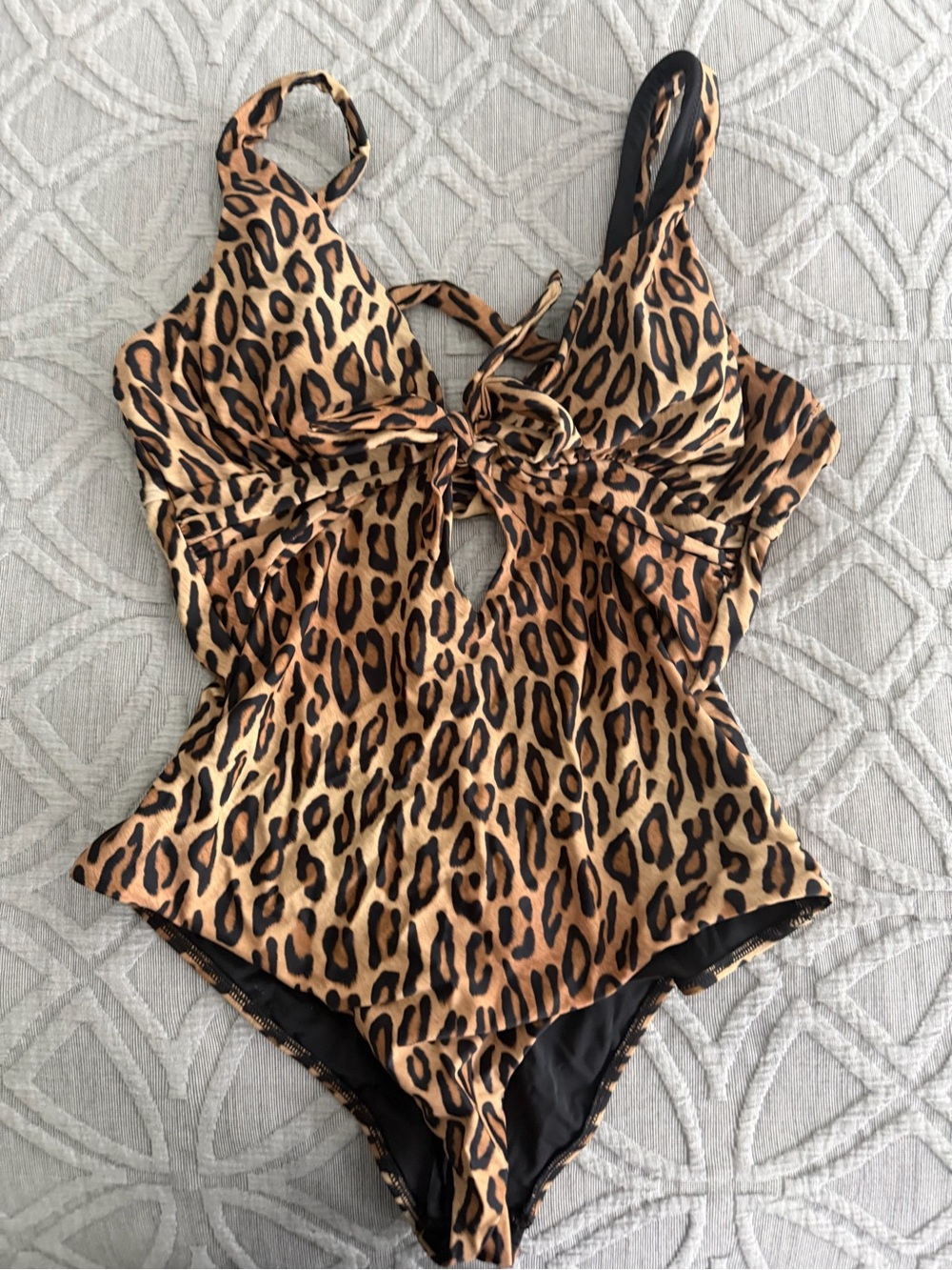 Leopard Print Brown One-Piece Swimsuit with Front Tie